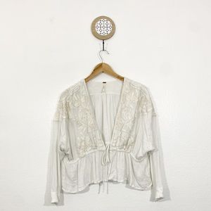 Free People White Embroidered Tie Front Light and Airy Boho Peasant Top